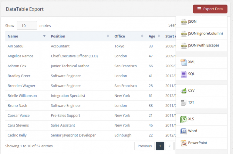 Export HTML Table Data to CSV, Excel, PNG, PDF, TXT, Doc, JSON & XML using jQuery